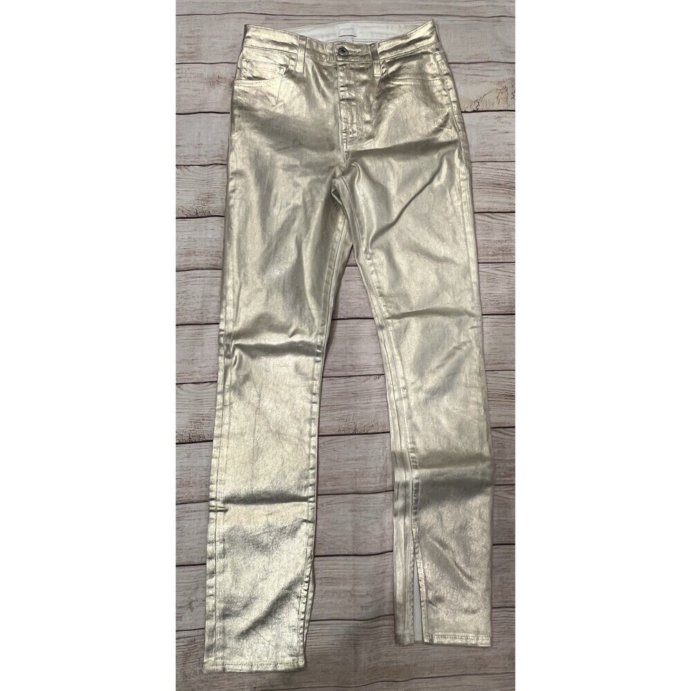 JONATHAN SIMKHAI Rae Gold Coated High Rise Skinny Jeans Sz 25 Split Hem